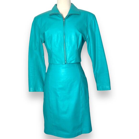 Vintage 80s Yucatan Bay Teal 2 Piece Leather Mini Skirt Jacket Matching Suit Set - Picture 4 of 11